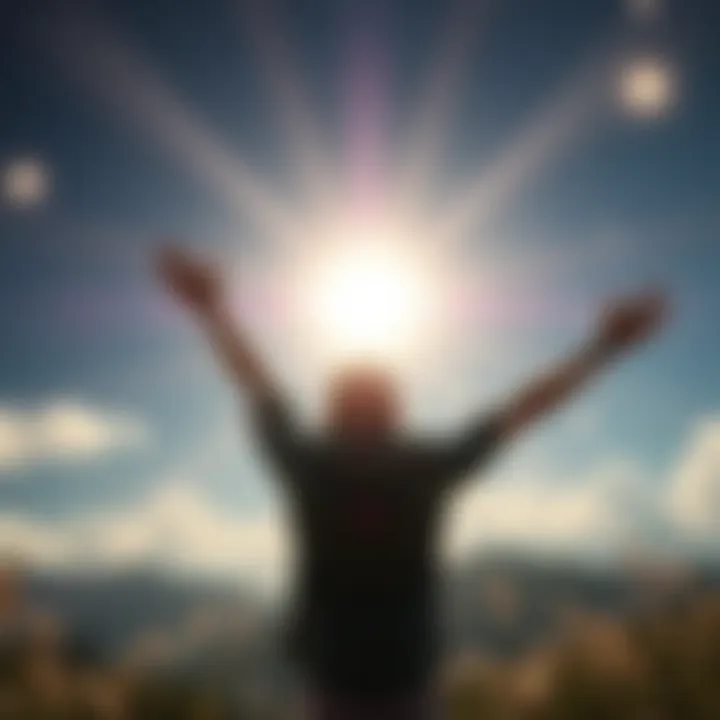 A person with their arms raised towards a bright light, symbolizing a connection with God, surrounded by a serene nature setting.