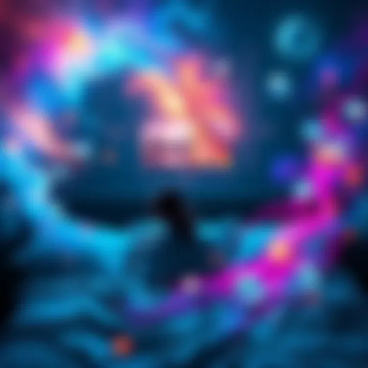 A person sits in bed, looking thoughtful, surrounded by dream-like images and timelines. Vivid colors swirl around them, illustrating dreams linked to real events.