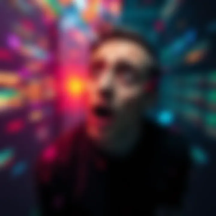 A person looks startled as colorful images swirl around their head, showing the effects of hallucinations.