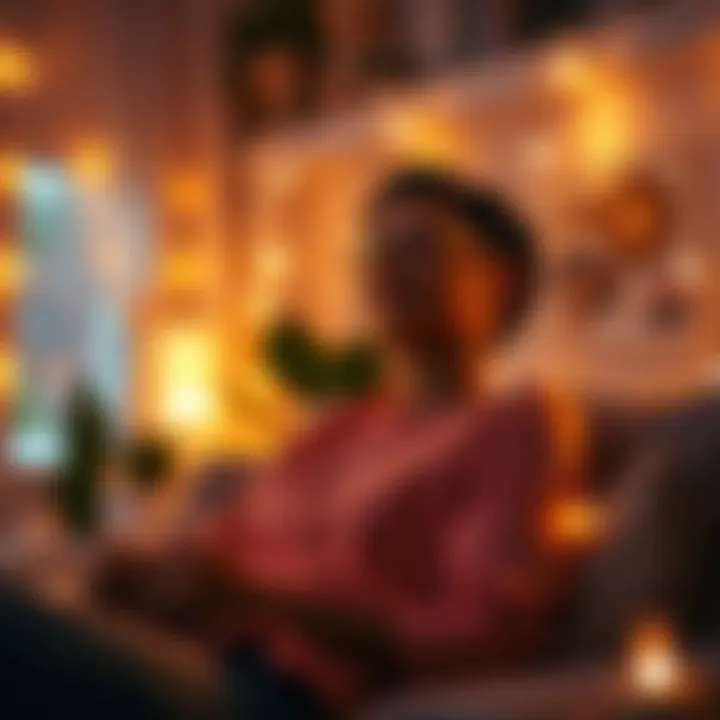 Person Experiencing Mini Shift A person sitting comfortably in a cozy room, eyes closed with a peaceful expression, surrounded by soft glowing lights, symbolizing a mini shift experience.