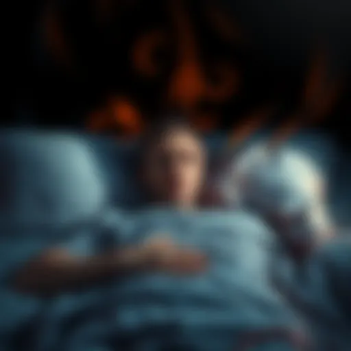 A person lying in bed with a distressed expression, surrounded by dark, swirling shadows representing nightmares.