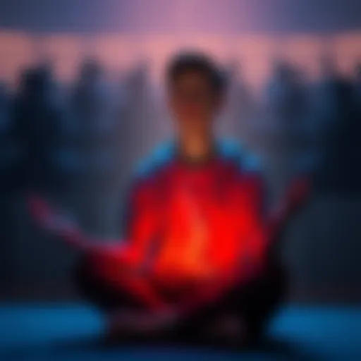 A person sitting in a meditative pose with a surprised expression, surrounded by a soft, glowing light, symbolizing their unsettling experience during SATS.