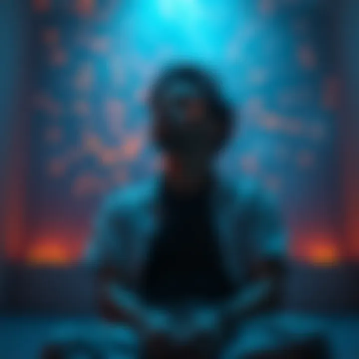 Individual sitting quietly with eyes closed, surrounded by a calm atmosphere, reflecting on vivid visions of the future during a health crisis.