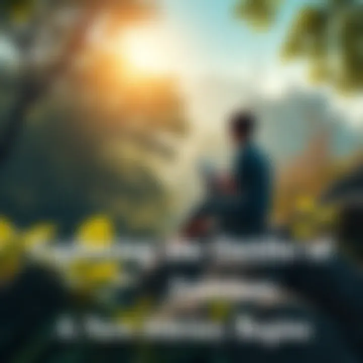 A person sitting on a rock, surrounded by trees and plants, contemplating nature with a notebook in hand. Sunlight filters through the leaves, creating a peaceful atmosphere.