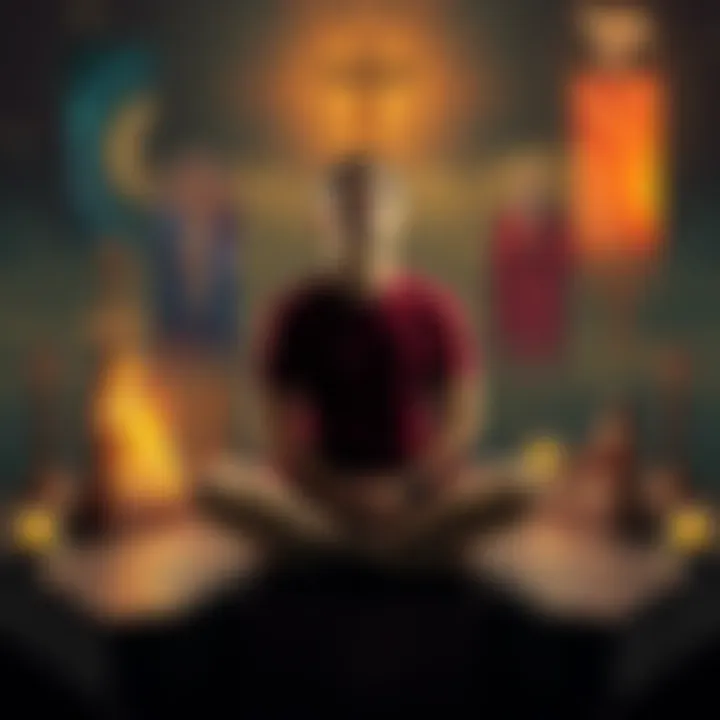 Individual sitting cross-legged, surrounded by symbols of various theistic beliefs, contemplating their spiritual journey.