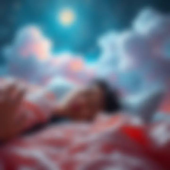 A person lying in bed with eyes closed, surrounded by dreamlike clouds and stars, illustrating the feeling of repeatedly falling asleep