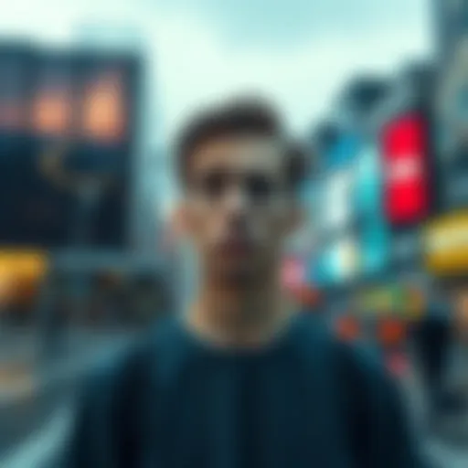 A person stands with a puzzled expression, surrounded by blurred images of two different locations, representing two realities merging together.