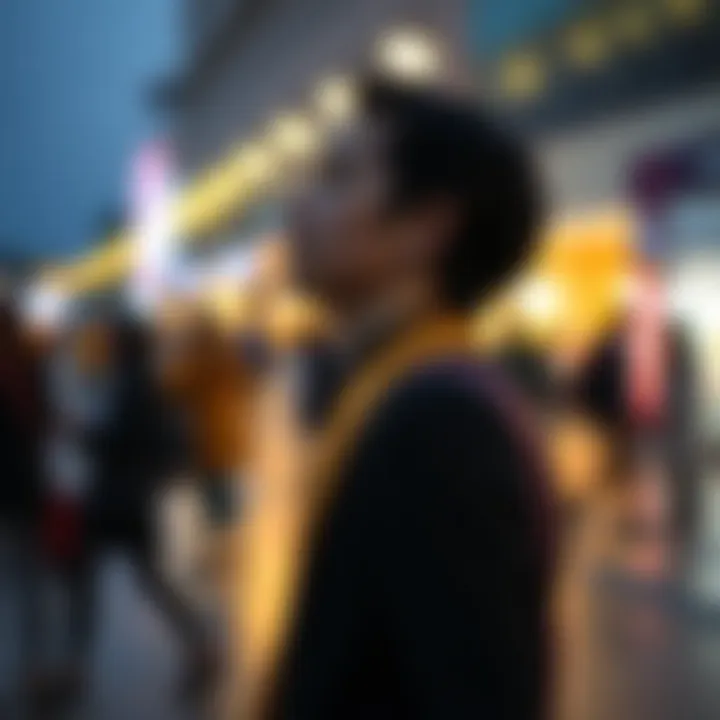 A person stands outside, looking drained after a public interaction, with blurred figures in the background symbolizing low energy. They appear contemplative and exhausted, highlighting the impact of social encounters on personal energy.