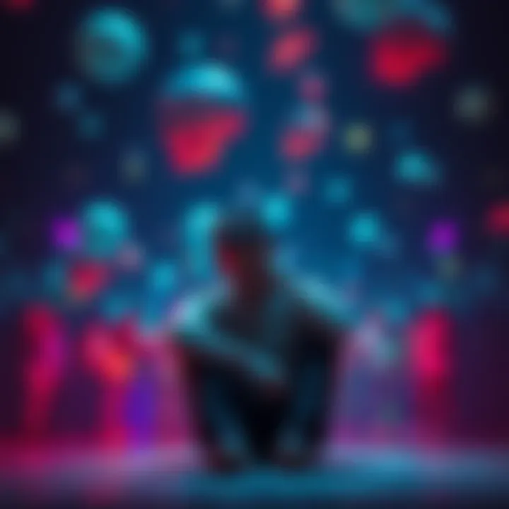 Person feeling drained A person sitting alone with a tired expression, surrounded by vibrant energy images of others, symbolizing loneliness and energy drain.