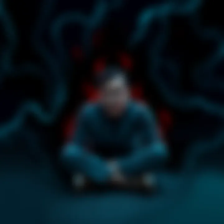 A person sitting alone with a tired expression, surrounded by a dark aura, representing emotional exhaustion from a psychic vampire.