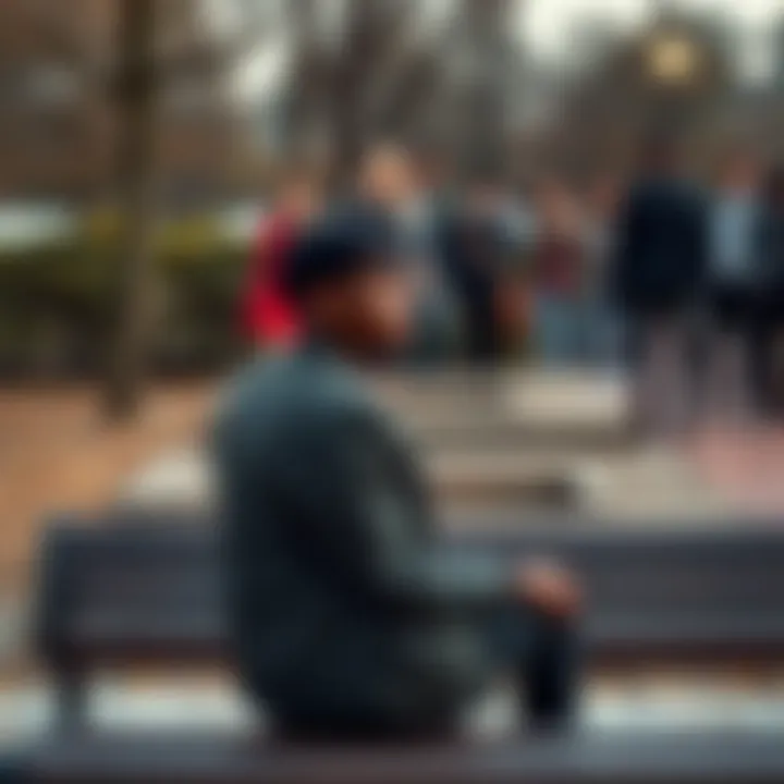 A person sitting alone on a park bench looking thoughtful and sad, with a group of people laughing in the background.