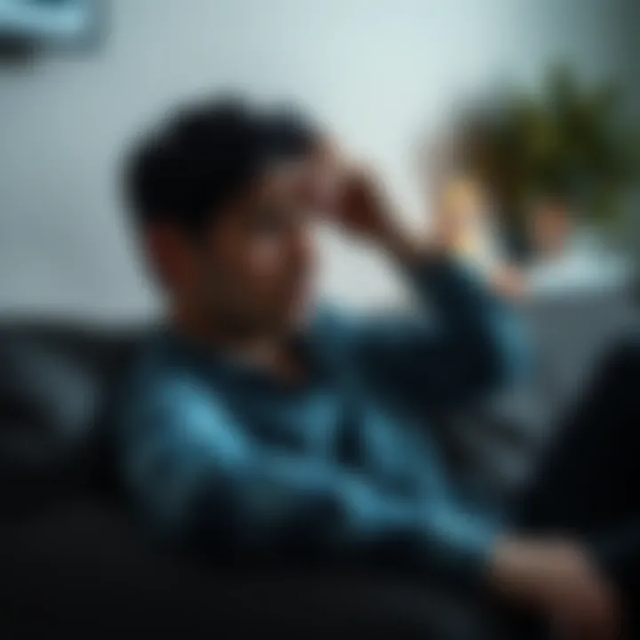 Person feeling fatigued A person sitting on a couch looking tired and unmotivated, with a hand on their forehead