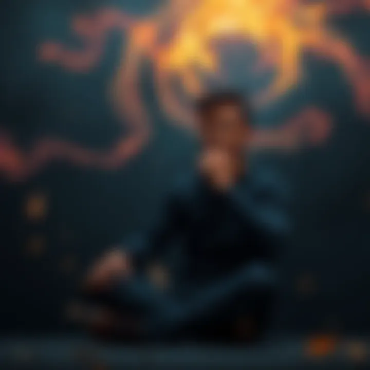 Individual sitting alone, looking worried with a thoughtful expression, surrounded by a swirling energy effect, symbolizing emotional connection and anxiety.