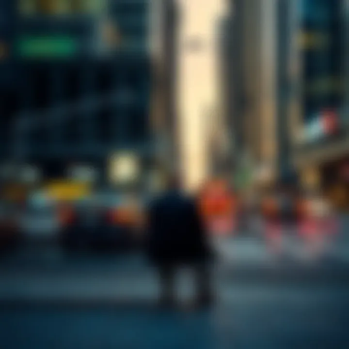 A person sitting alone on a bench, looking lost and deep in thought, surrounded by a busy urban environment.