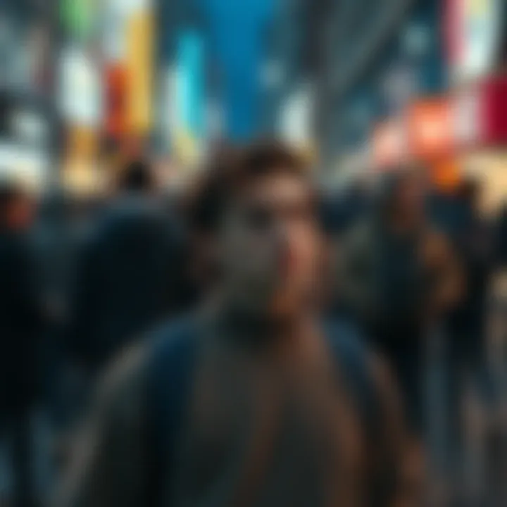 Person feeling watched in a crowded area A person looks around nervously while walking through a busy street, feeling as if they are being followed by strangers.