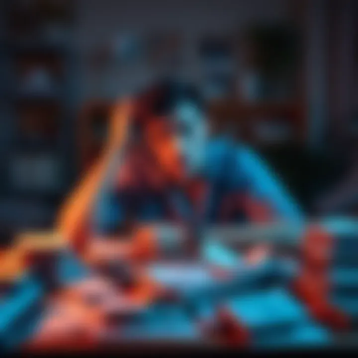 An individual sitting at a desk with bills piled up, looking stressed and worried about finances.