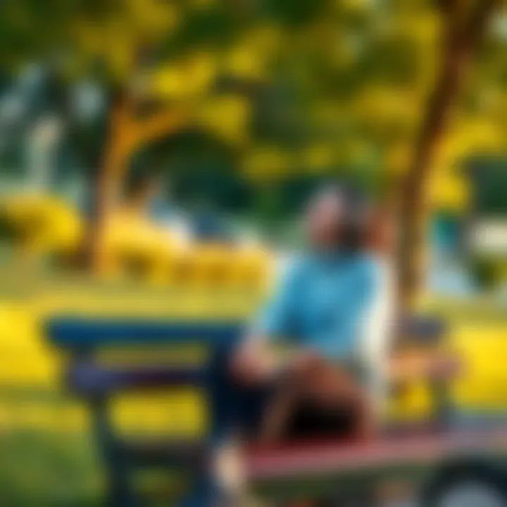 Person finding joy in music A person sitting on a bench in a park, smiling while listening to music through headphones, surrounded by nature.