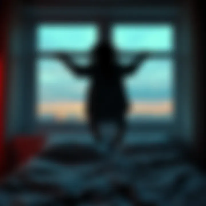 A person appears to levitate while lying on a bed, with a window in the background and a dreamy atmosphere.