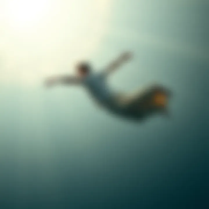 A person experiencing an Out of Body Experience, floating above their physical body in a serene setting, surrounded by soft light.