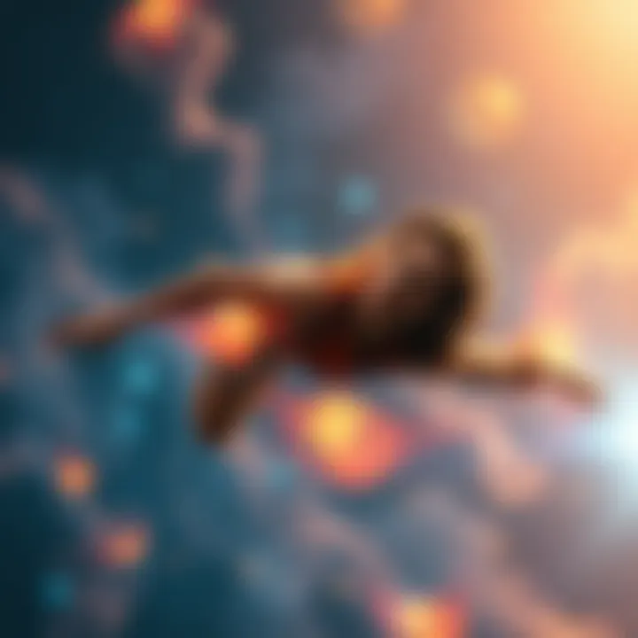Person Flying During Astral Projection A person floating in the air with a relaxed expression, surrounded by swirling colors and light, suggesting the feeling of flight and control.