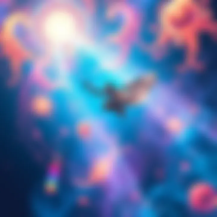 Person flying through a colorful astral realm A person soaring in a vibrant astral space with swirling colors and shapes around them