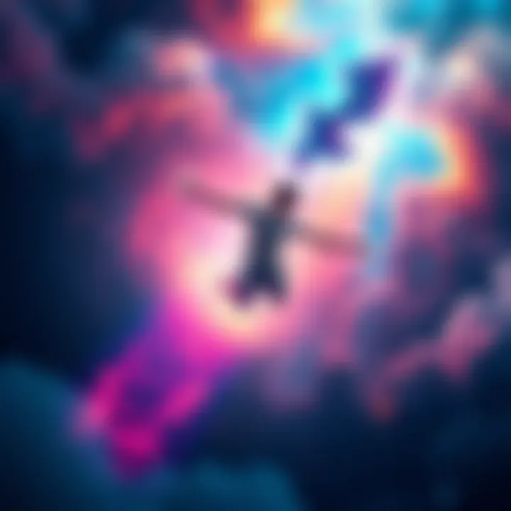 A person soaring through a colorful dreamscape, shooting energy from their hands, with bright lights surrounding them.