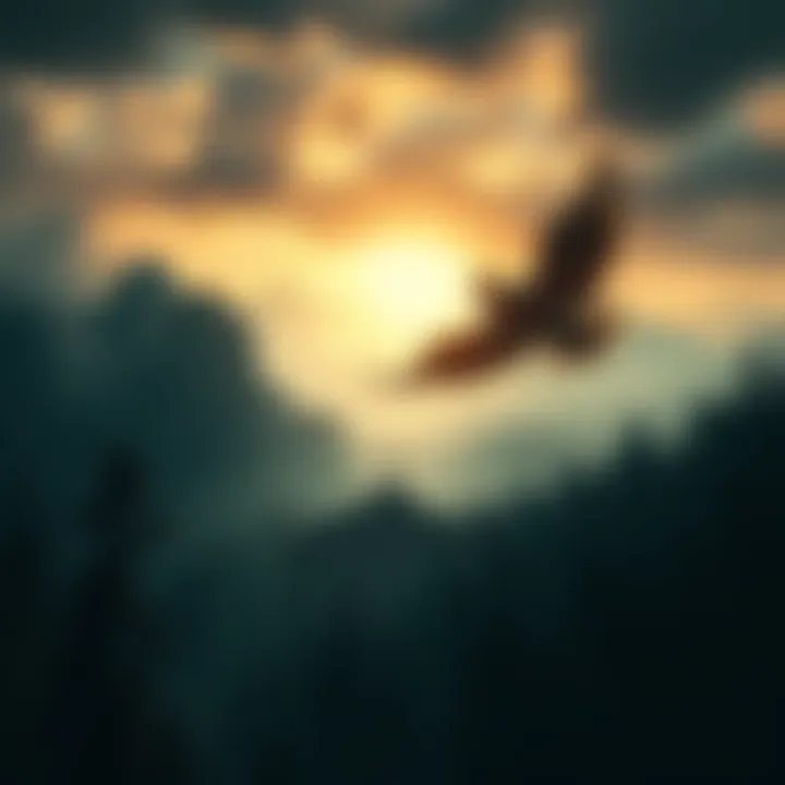 A person soaring through the sky above a dark forest with a distant church and a sarcophagus visible in the background