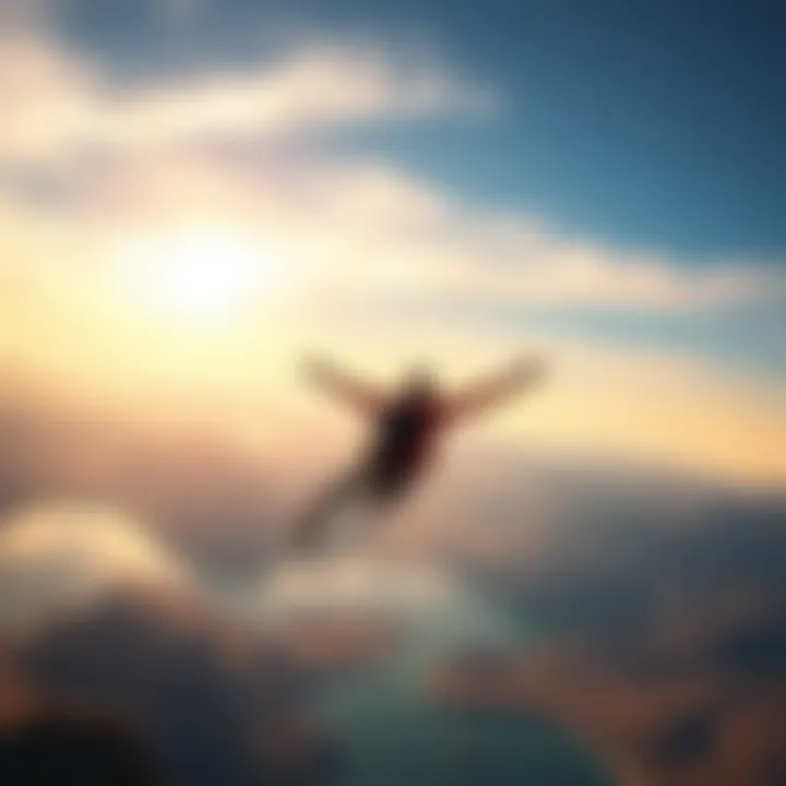 A person soaring through the sky over mountains and water, feeling the freedom of flight