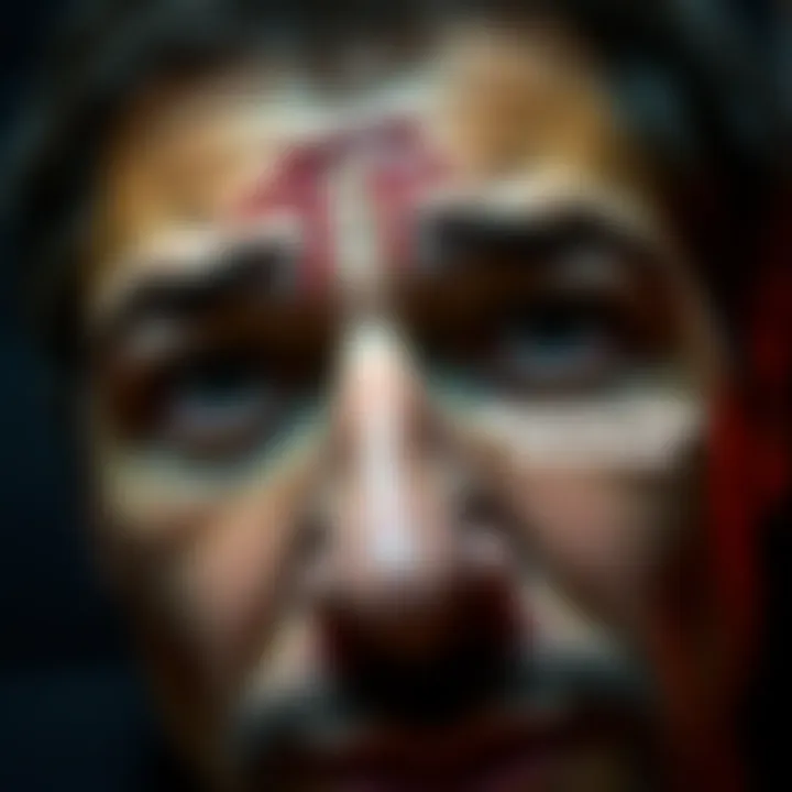 Person with a slice on forehead Close-up of a person showing a painful slice on their forehead in a dark room