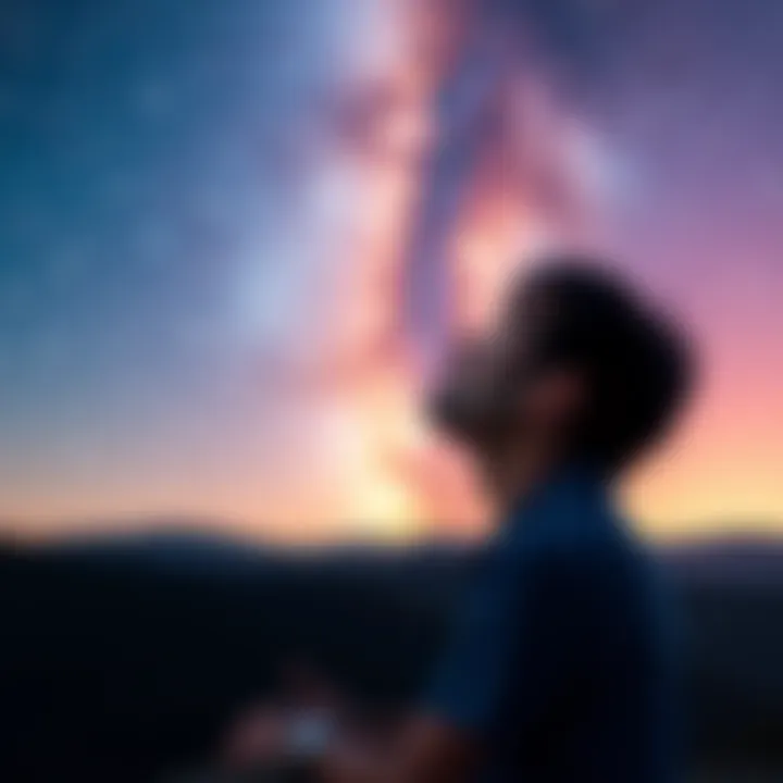 A person looking up at a starry sky, contemplating life's meaning and feeling a sense of wonder and confusion, symbolizing thoughts on free will and existence.
