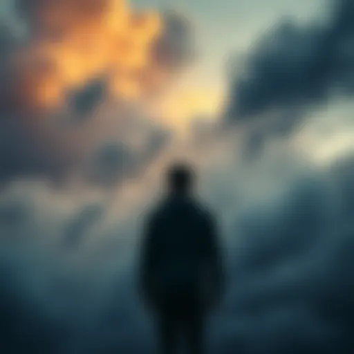 A person standing alone, looking sad and contemplative, surrounded by dark clouds that symbolize unexplained phenomena