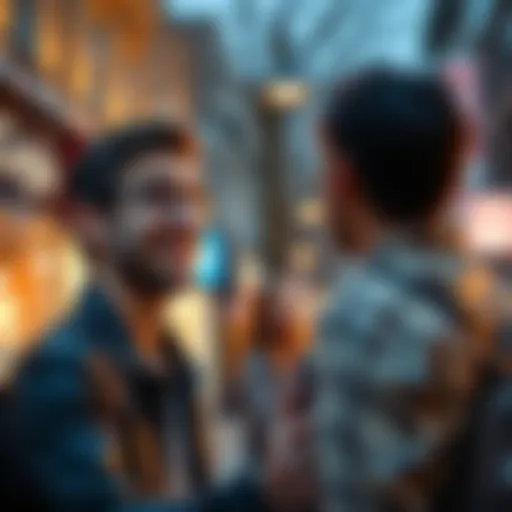 A surprised person smiling while encountering an ex-partner on the street, showing mixed emotions