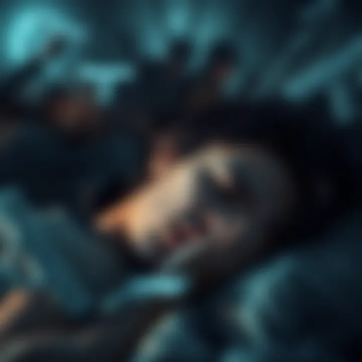 A person sleeping with a distressed expression, surrounded by dark dream imagery symbolizing fear and violence, such as shadows of guns and figures chasing them.