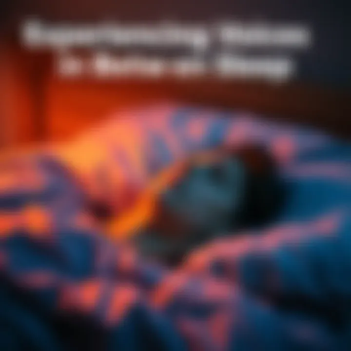 A person lying in bed, eyes closed, appearing uneasy as faint voices manifest in the background, symbolizing the unsettling experience of hearing voices during sleep transitions.