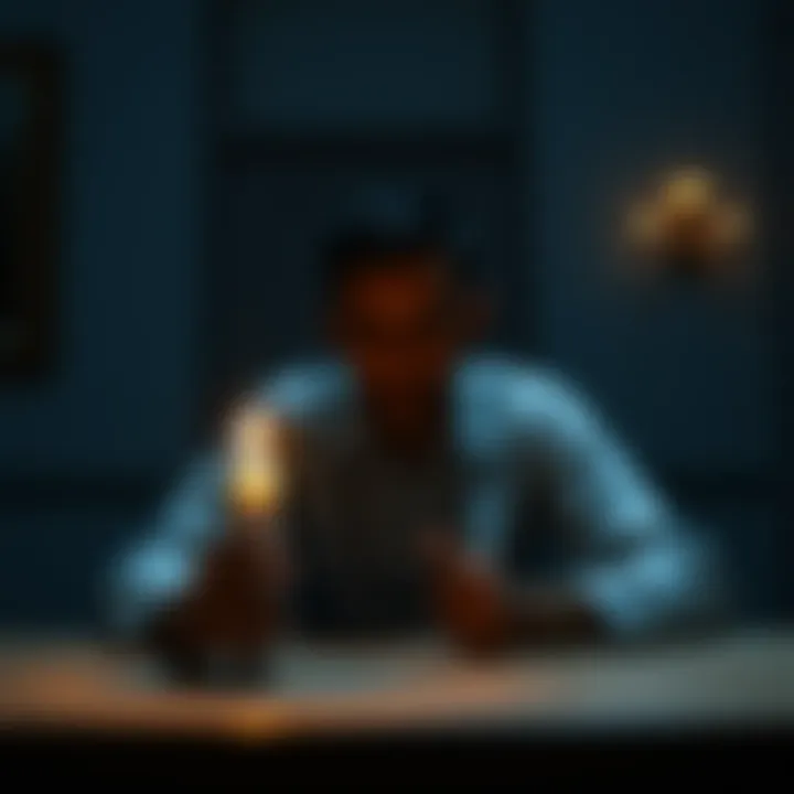Individual sitting at a table with a candle, looking contemplative, symbolizing a connection to Hellenic polytheism and personal struggles with mental health