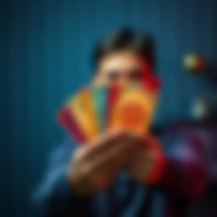 A person is holding a set of colorful cards with various symbols, inviting others to share their thoughts on their meanings.