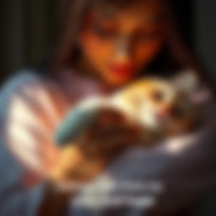 A person holding a cat A person gently holding a fluffy cat with a serene expression, symbolizing love and loss, surrounded by soft lighting