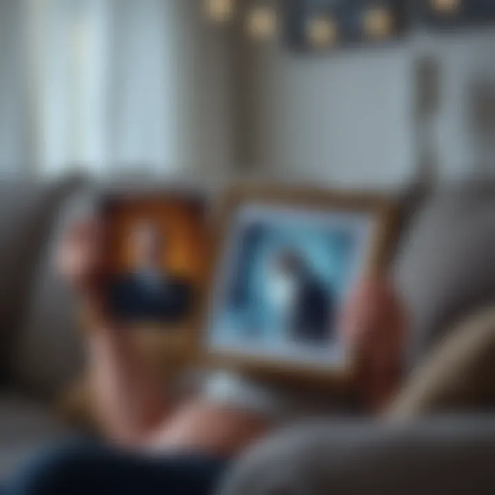 A person sitting on a couch, looking at a framed photo of their first cat, with a soft expression of remembrance.