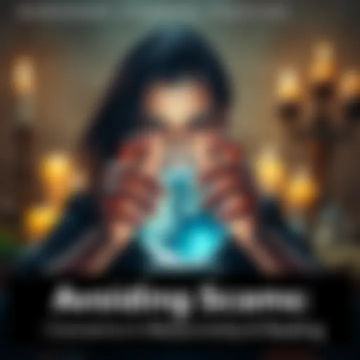 A person with a serious expression holds a crystal ball while examining it. They are surrounded by candles and mystical items, symbolizing mediumship and spiritual readings.