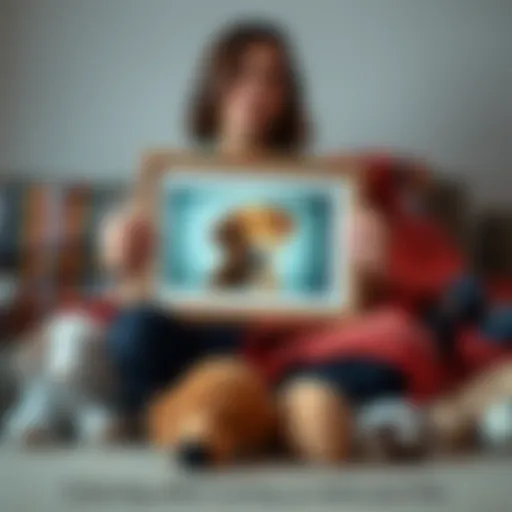 A person sitting on a couch, holding a framed photo of their dog Lila, with a sad expression, surrounded by pet toys and a cozy blanket