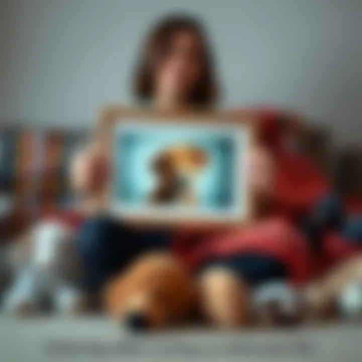 A person sitting on a couch, holding a framed photo of their dog Lila, with a sad expression, surrounded by pet toys and a cozy blanket