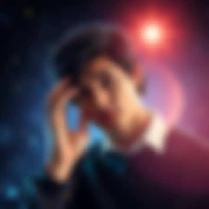 A person holding their left ear with a concerned expression, indicating a loud ringing sound, with a mystical background of stars and light.