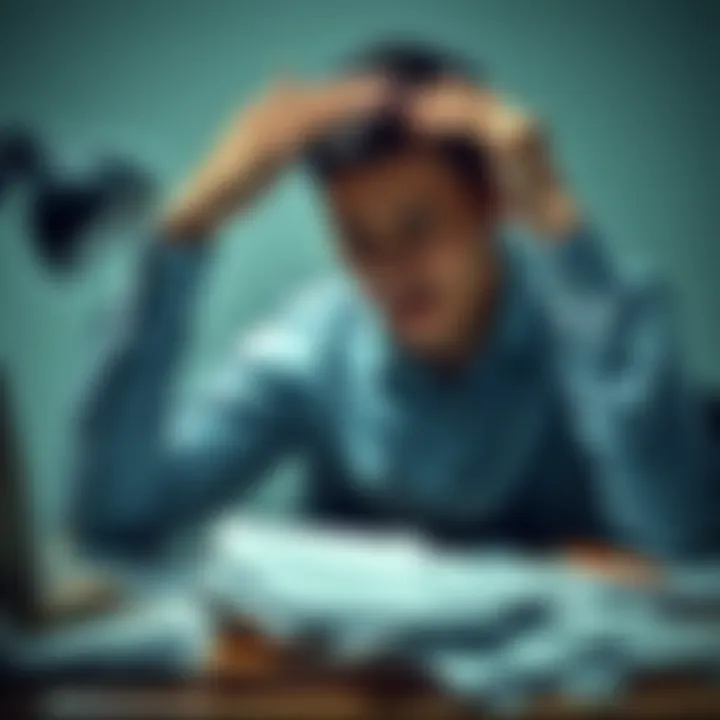 Individual experiencing headache and fatigue, sitting at a desk with a tired expression and disheveled papers around them.