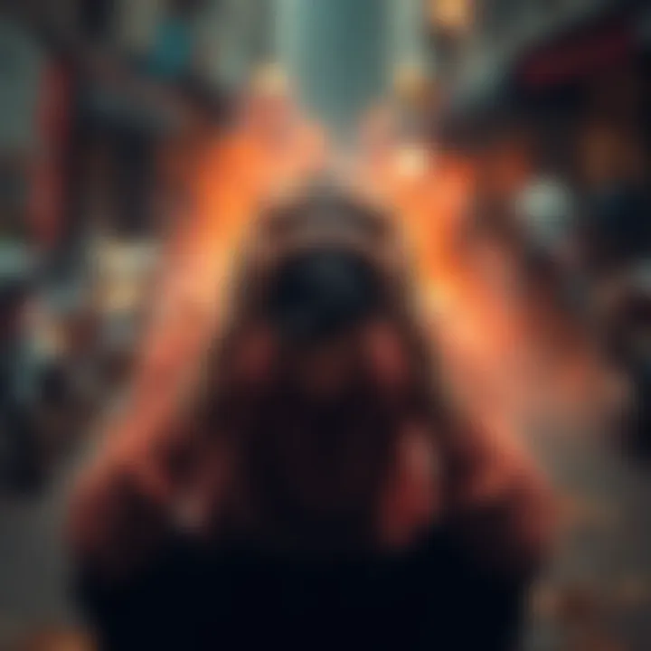 Individual sitting with their hands on their head, showing signs of emotional struggle with hallucinations, surrounded by a blurred or chaotic background.