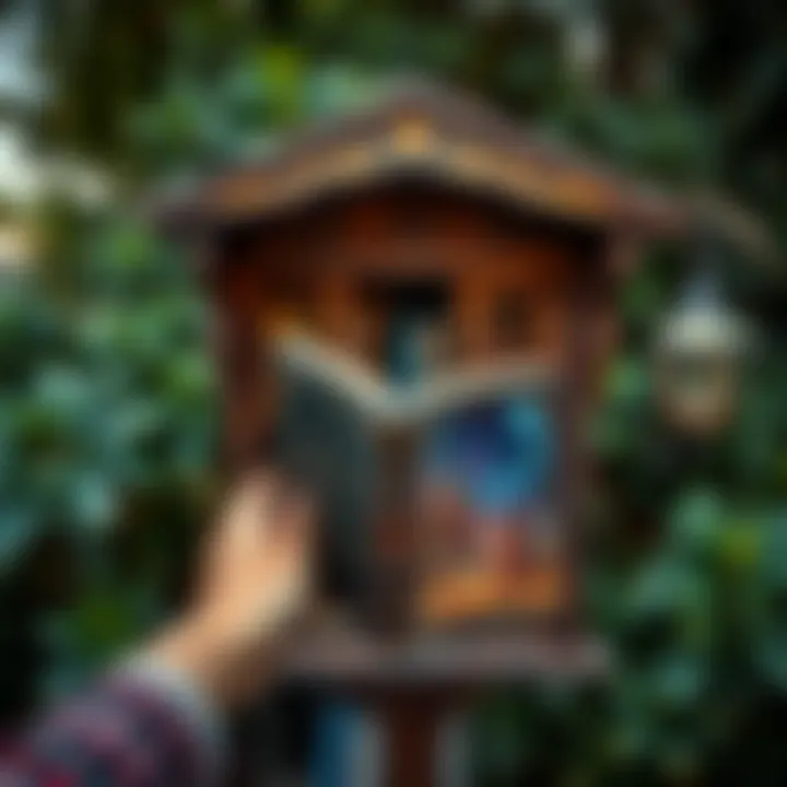 A person excitedly holding a mystical book found in a little free library, surrounded by greenery.