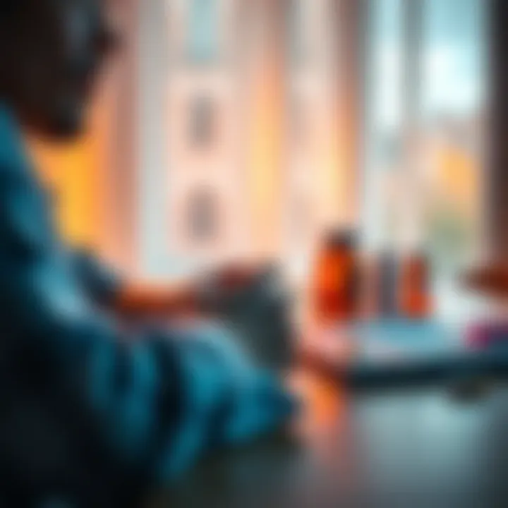 A person sitting at a table with medication bottles and a notebook, reflecting on their experiences with V2K symptoms.