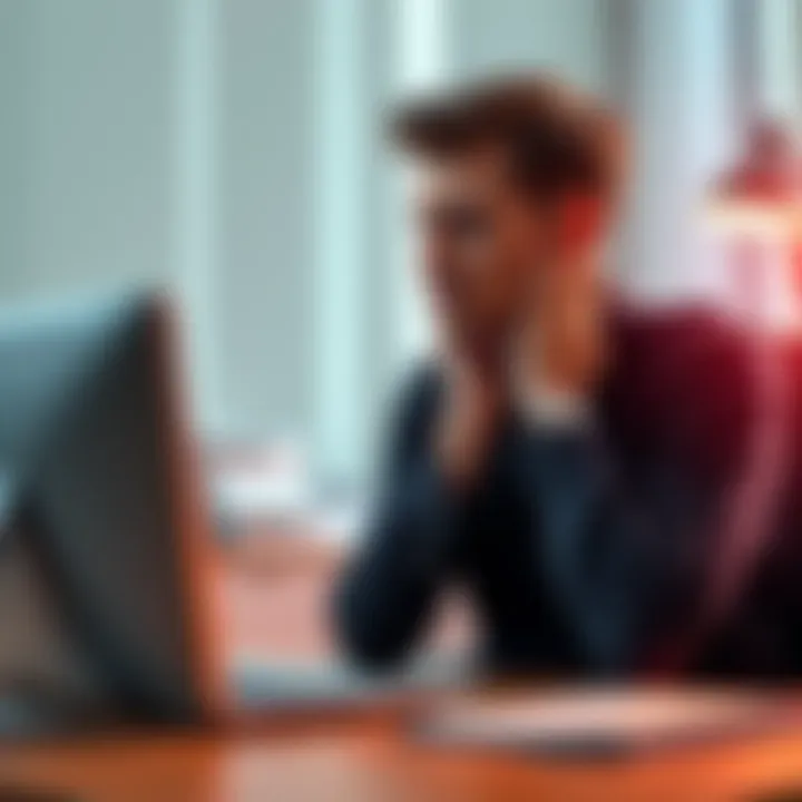 Individual visibly in discomfort, holding their neck in a pained expression while sitting at a desk.