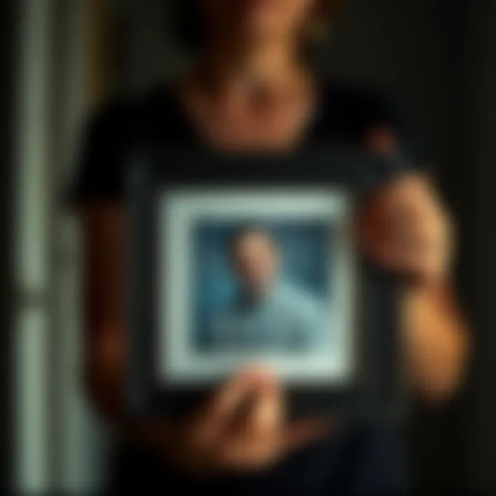A person gently holds a framed photo of their late father, showing deep emotion and longing for connection