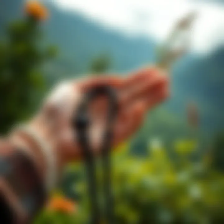 A close-up of hands gently fidgeting with handmade prayer beads dedicated to Dionysus, surrounded by nature.