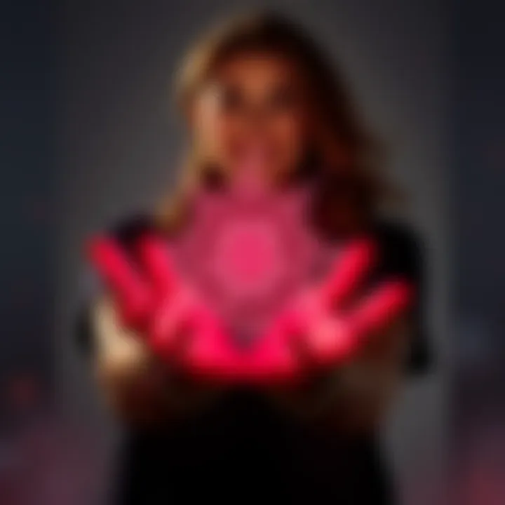 A person with a hopeful expression holds a glowing sigil in their hands, symbolizing the manifestation of their goals.